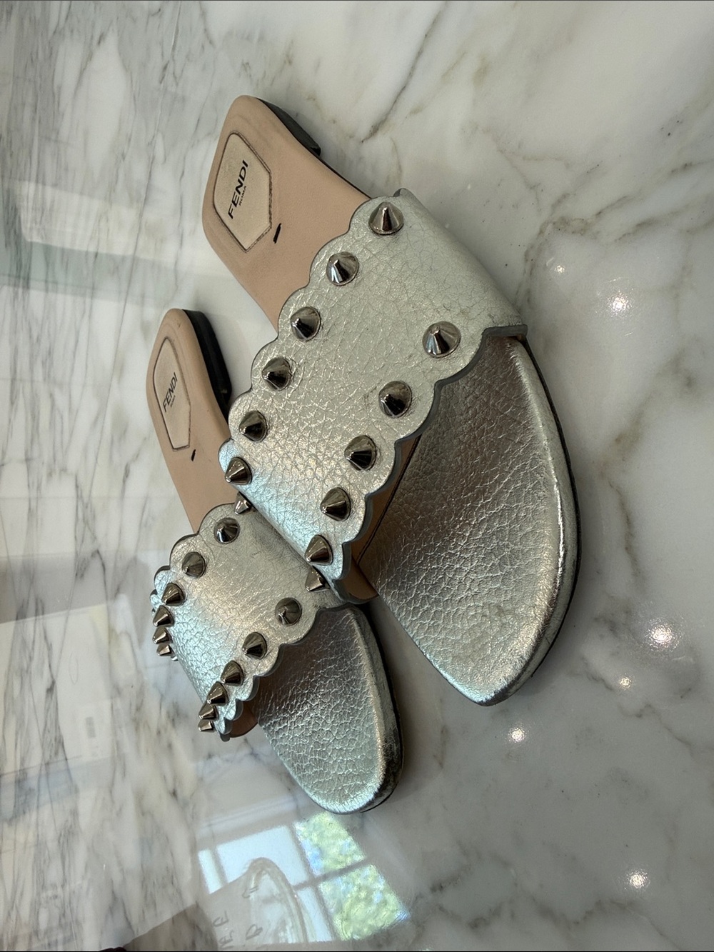 Fendi Silver Scalloped Stud Slide Sandals - Picture 4 of 6
